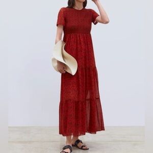 Zara red floral print dress with tiered skirt